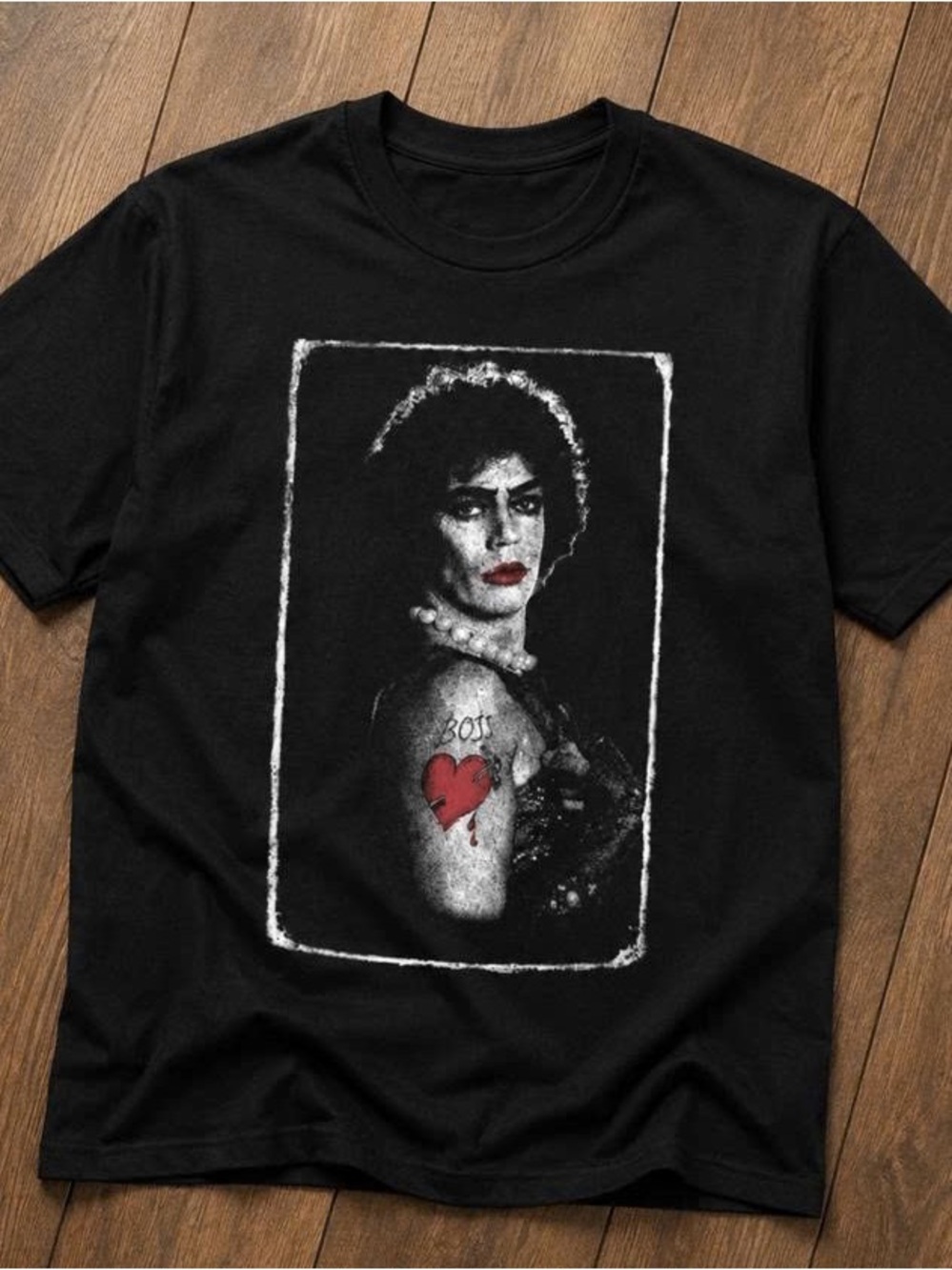 Tim Curry Black Graphic Tee with Red Heart Tattoo Motif